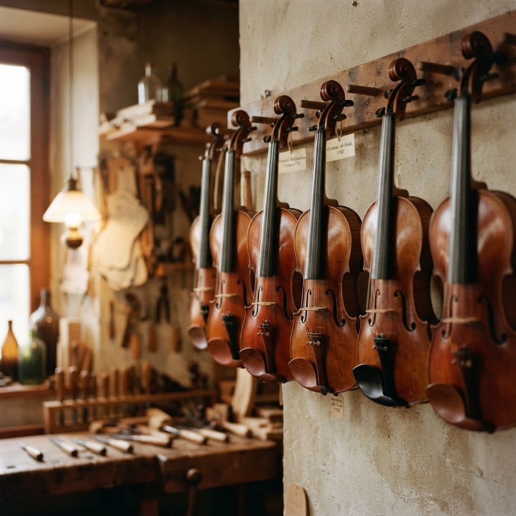 A rack of fine violins in the Weaver workshop