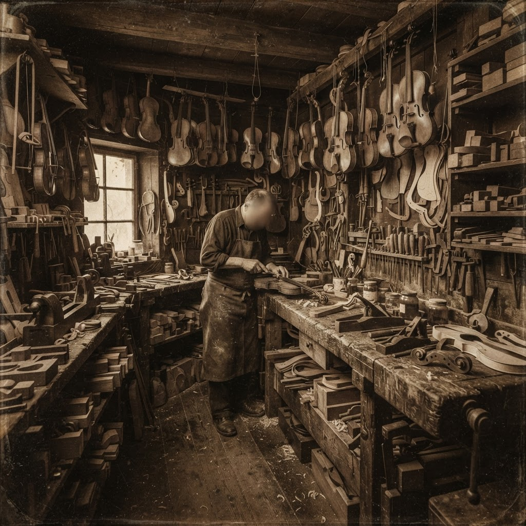 The Weaver workshop bench with tools and an instrument in progress