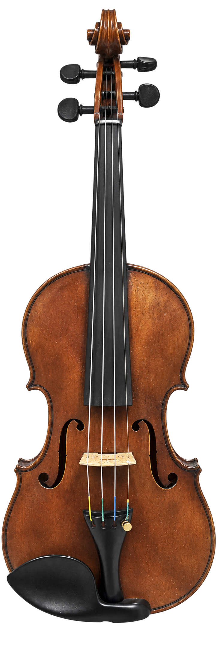 Front view of the French violin made under the direction of Gustave Bernardel, with warm reddish-brown varnish