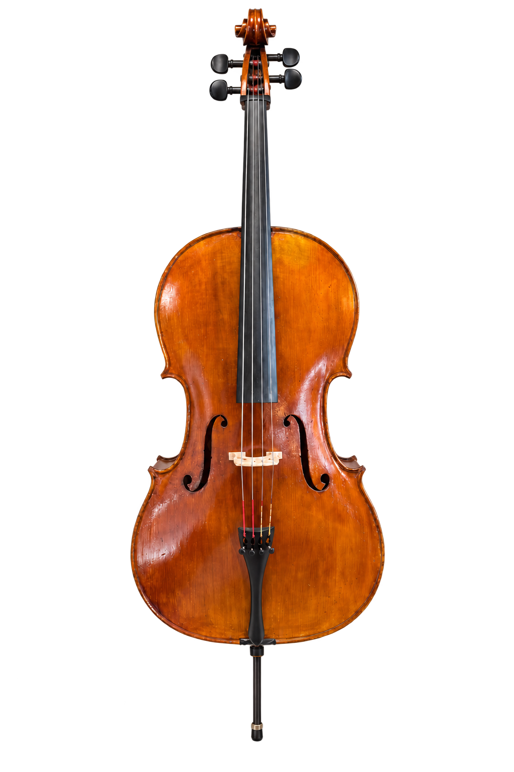Front view of the cello bearing a Thomas Boehme label, with golden-amber varnish