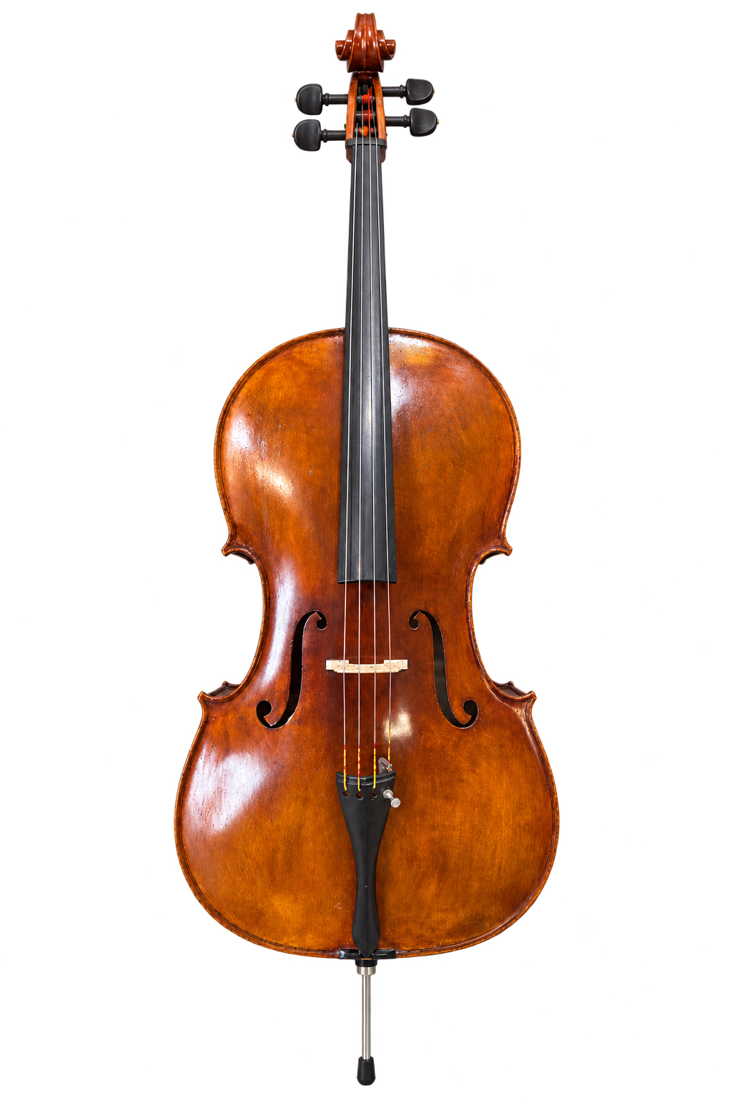 Front view of the cello bearing a Carl Gedler label, with golden-amber varnish